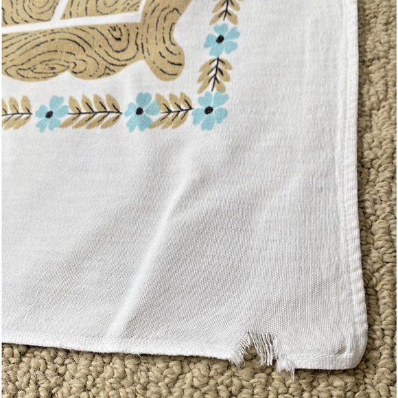 Vintage Mid Century Cotton Tablecloth Colonial Motif Blue & Tan 40" X 50" Flaw - Picture 9 of 10